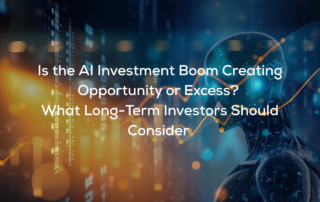 "Is the AI Investment Boom Creating Opportunity or Excess? What Long-Term Investors Should Consider" text over an image of stocks and a robot